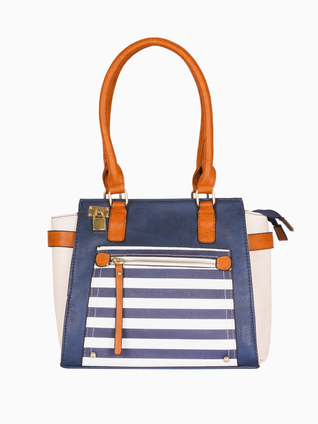 Navy Blue Striped Tote Bag with Tan Trims